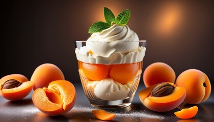 a glass glass and a dessert of ice cream covered with whipped cream and a sprig of mint surrounded by halves of ripe apricots advertising of dessert ice cream for banner magazine menu