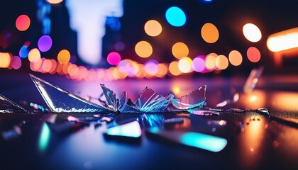broken glass with neon bokeh lights in the background