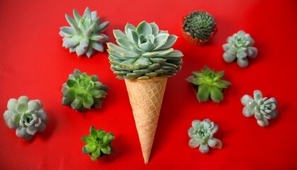 a surreal composition of an ice cream cone topped with green succulents placed on a red surface with scattered succulents and a blurred red background