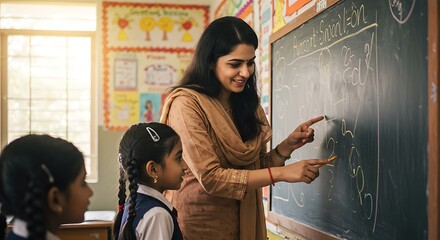 Smiling Teacher Explaining Math on Blackboard to Eager Students in Classroom.