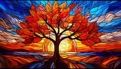 a vibrant stained glass artwork depicting a majestic tree with fiery autumn leaves against a picturesque landscape at sunset
