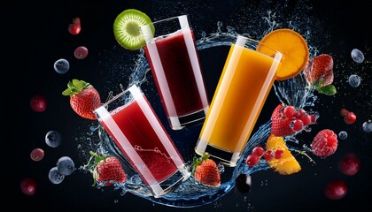 glasses of fresh fruit juice liquid beverage splashes around dark background