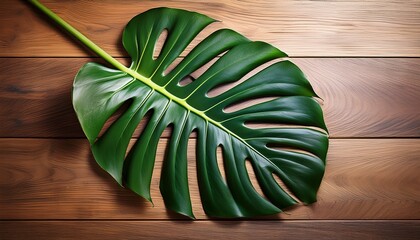a large green leaf of a monstera deliciosa plant on a wooden floor