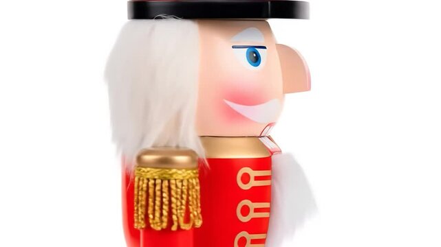Close up of a traditional wooden nutcracker with red coat and white beard on a white background