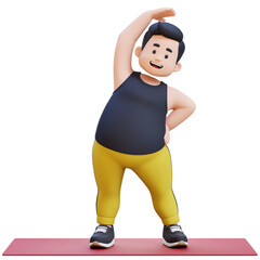 3D Plus Size Overweight obesse man exercising on yoga mat