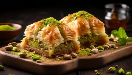 delicious photorealistic baklava dessert with pistachio and garnish on wooden board
