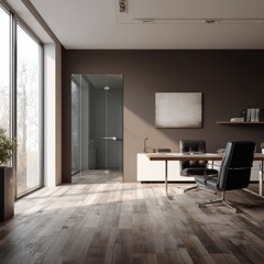 Sunlit modern office with glass door, hardwood floors, dark walls, and minimalist desk setup