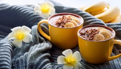close up two cup of hot chocolate topped with grains and banana cozy atmosphere with blanket and flowers