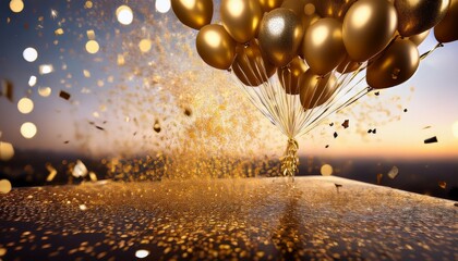 balloons ascending amidst golden confetti in festive celebration