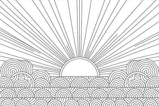 Sunrise over stylized, patterned clouds.
