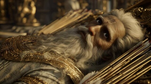 Photorealistic depiction of Bhishma lying on a bed of arrows, evoking a somber mood of sacrifice and valor from the Mahabharata, Book 6