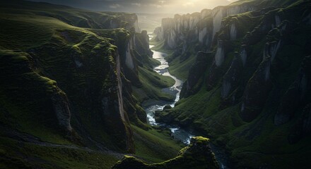 Aerial view of a river flowing through a deep canyon with green mossy cliffs under a bright sky