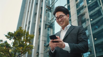 Fototapeta premium Businessman Checking Phone in Urban Setting