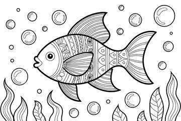 Fototapeta premium Ornate fish with patterned fins, surrounded by bubbles and seaweed. 