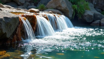 Naklejka premium Sparkling Water Cascades Down Rocky Slope, Creating Tranquil Pools of Sunlight