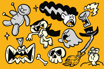 Spooky Halloween illustrations featuring ghosts, monsters, and pumpkin. Perfect for festive