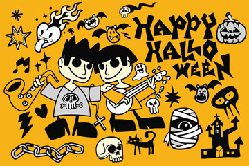 Happy Halloween illustration featuring two characters with musical instruments, surrounded by