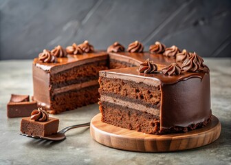 Rich chocolate cake with cut pieces on a light gray background