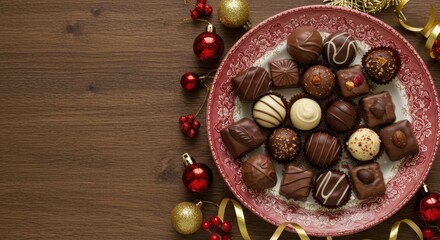 Assorted Chocolates on a Decorative Plate Surrounded by Festive Ornaments and Ribbons on Wooden Table