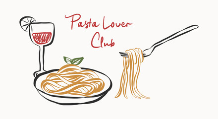 Whimsical doodles of pasta. Vintage icons with la dolce vita aesthetic in crayon and sketch style. Trendy art for menus and restaurant poster. Outline quirky vector illustration
