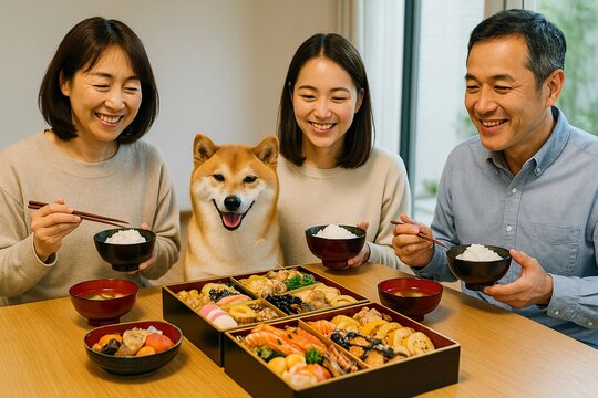 Shiba Inu Joining Family for New Year's Osechi Meal
