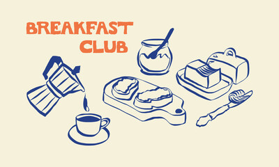 Whimsical doodles of italian breakfast. Quirky icons of Italian food in simple crayon and sketch style. Trendy art for menus and dinner brunch invitations. La dolce vita vector illustration