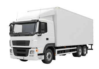 White cargo truck isolated on white or transparent background. Ideal for mockups, logistics, delivery services, and advertising design. PNG format.