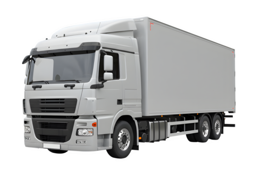 White cargo truck isolated on white or transparent background. Ideal for mockups, logistics, delivery services, and advertising design. PNG format.
