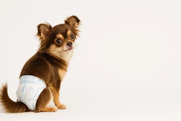 Chihuahua Puppy Wearing Diaper on White Background
