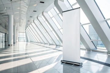 Obraz premium Ultra-clean roll-up banner mockup in a glossy white studio with geometric lighting. Ideal for futuristic tech branding, medical marketing, and corporate visual presentations.