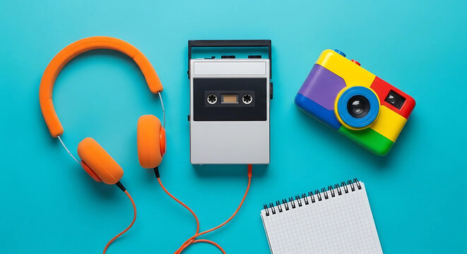 A flat lay of vintage 1980s technology including a cassette player and camera.