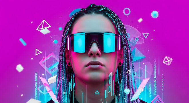 A futuristic portrait of a person with colorful braided hair and glowing sunglasses.