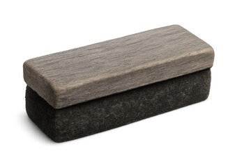 Wooden-handled blackboard eraser with felt base, cleaning chalk marks from classroom or office surfaces against transparent background
