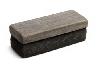 Wooden-handled blackboard eraser with felt base, cleaning chalk marks from classroom or office surfaces against transparent background
