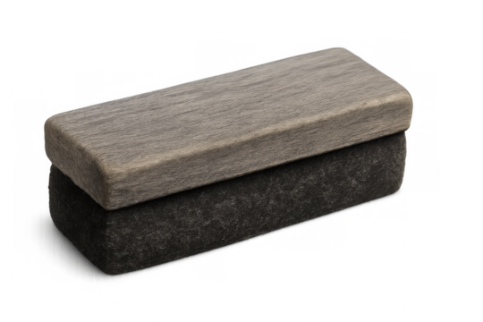 Wooden-handled blackboard eraser with felt base, cleaning chalk marks from classroom or office surfaces against transparent background