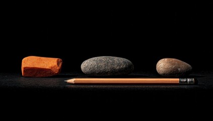 A dark still life featuring an orange eraser, two smooth stones, and a pencil arranged horizontally on a black surface