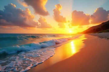Breathtaking Golden Hour Sunrise over Tranquil Ocean Beach Warm Sunlight Paints the Shoreline, Perfect for Travel and Vacation Themes
