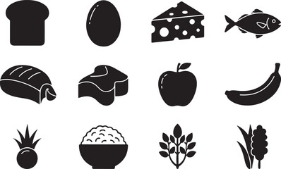 Healthy Eating A Guide to Balanced Nutrition with Icons of Bread, Eggs, Cheese, Fish, Chicken, Butter, Apple, Banana, Pineapple, Rice, Spinach, and Seaweed