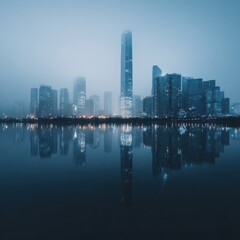 Fototapeta premium Misty city skyline at twilight, reflected perfectly in calm water, showcasing modern architecture and subtle city lights
