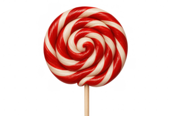 Striped round lollipop resting on wooden stick against transparent backdrop