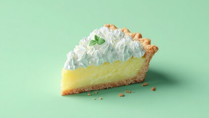 A single slice of lemon meringue pie sits on a pale green background.  The pie features a buttery crust, bright yellow lemon filling, and fluffy meringue topping garnished with a sprig of mint.