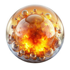 A stunning, fiery abstract sphere filled with explosive energy, featuring swirling orange flames and metallic bubbles, creating a dramatic and captivating visual effect.