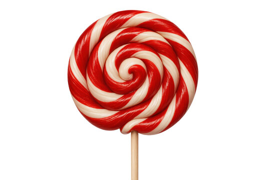Striped round lollipop resting on wooden stick against transparent backdrop