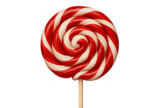 Striped round lollipop resting on wooden stick against transparent backdrop