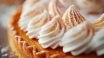 Close-up of a Delicious Pumpkin Pie Topped with Whipped Cream and a Light Dusting of Powdered Sugar