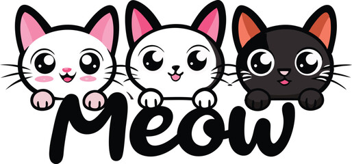 Fototapeta premium Three cute cartoon cats peeking over the word Meow illustration
