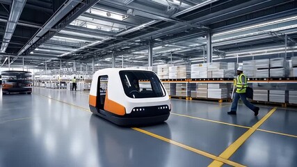 Automated guided vehicle in a large warehouse with worker wearing a safety vest and high angle shot