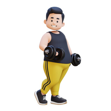 3D Plus Size Overweight obesse man Exercising with Dumbbells