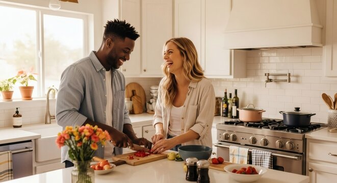 Happy Couple Cooking Together in a Bright Kitchen - Powered by Adobe