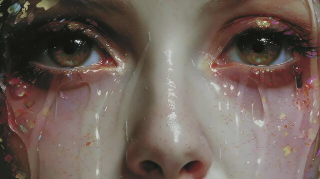 Close-up of Emotion-Driven AI Art Depicting Delicate Tears of Sorrow and Hope